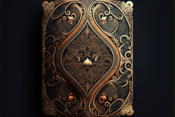  a gold colored lighter case with a design on it's side and a candle in the middle of the case, on a black background.  generative ai