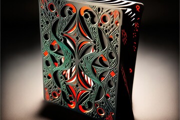  a card case with a design on the front of it, on a dark surface, with a light coming from the top of it.  generative ai