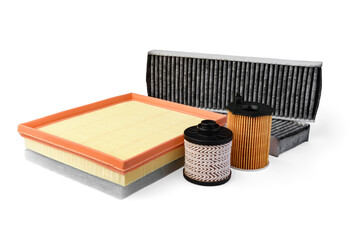 Car air, oil, fuel and cabin filters isolated on white background.