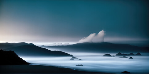 Dramatic mystic foggy landscape with sea and mountains. Panoramic wallpaper. Generative Ai