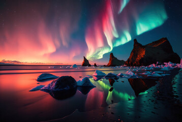 Kolorowa zorza polarna na Islandii - obrazy, fototapety, plakaty