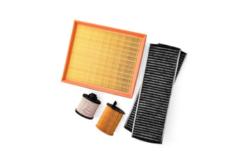 Car air, oil, fuel and cabin filters isolated on white background.
