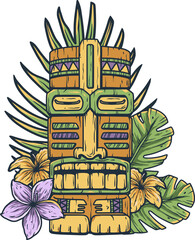 Design of trendy hawaii wooden tiki mask for surfing bar. Traditional ethnic idol and hawaiian surf, maori or polynesian. Old tribal totem