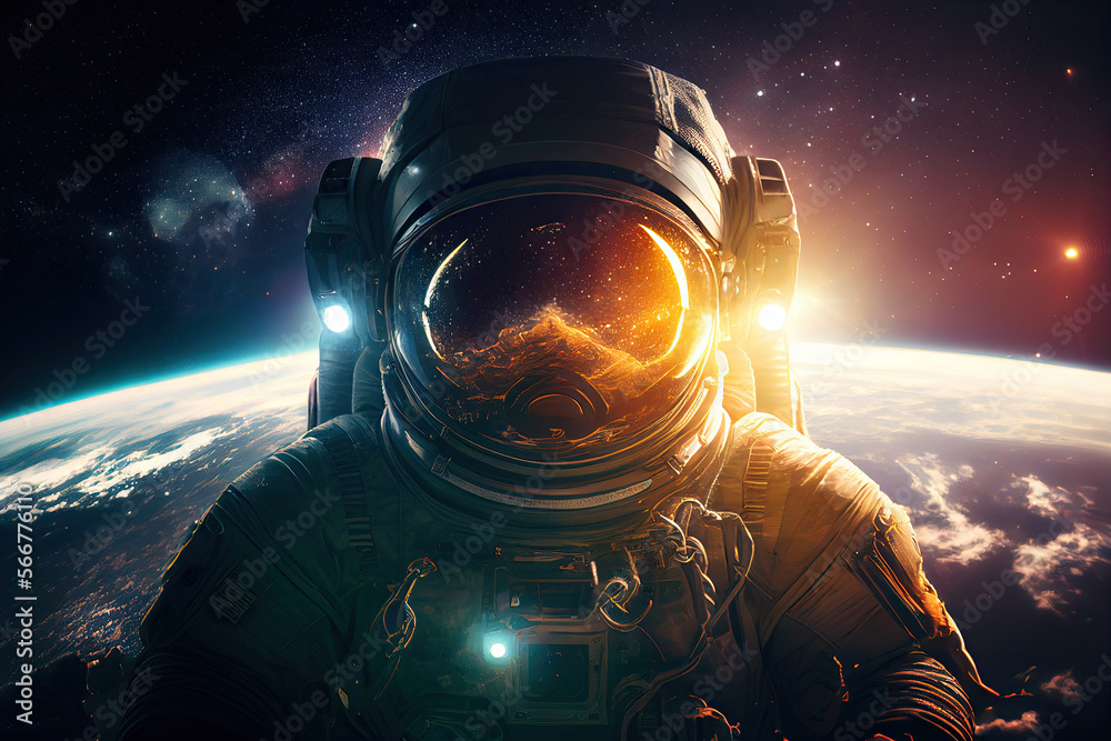 Poster astronaut in space suit flying in outer space with planet on background, close up. deep space explor
