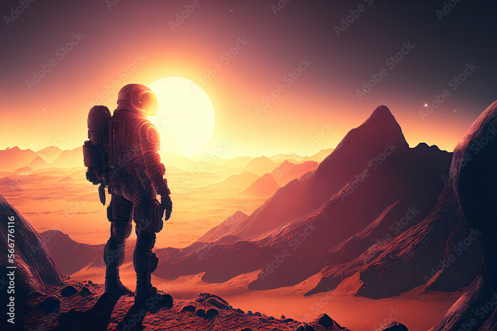 Canvas Prints alone astronaut in space suit on surface of red planet. space exploration, colonization of new plane