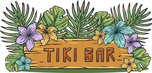 Design of trendy hawaii surf for tiki bar. Traditional ethnic surfing of hawaiian, maori or polynesian. Old tribal board - obrazy, fototapety, plakaty