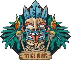 Surfing tiki mask hawaii wooden tiki mask for trendy bar. Traditional ethnic idol and hawaiian surf, maori or polynesian. Design old tribal totem © Casoalfonso