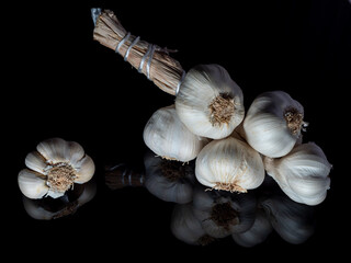 garlic in a bunch on a black background in the reflection in the base, a healthy plant for vegetarians and for cooking