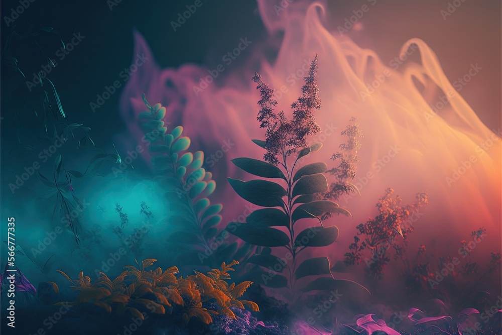 Wall mural  a digital painting of a plant in the middle of a forest with fog and smoke coming from the trees and bushes on the other side of the picture.  generative ai