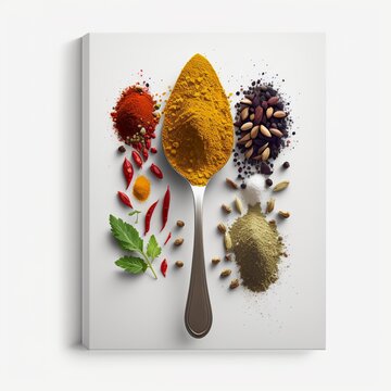 india curry spice spoon kitchen light nice white delicious  canvas splash scattered powder Generativ AI
