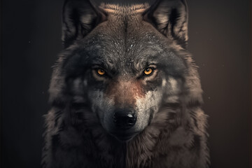 Wolf closeup view. Wlld animal. Front view of Wolf on black background. Natural habitat. generative AI