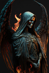 angel of death, hellfire, skeleton, fantasy character, art illustration 