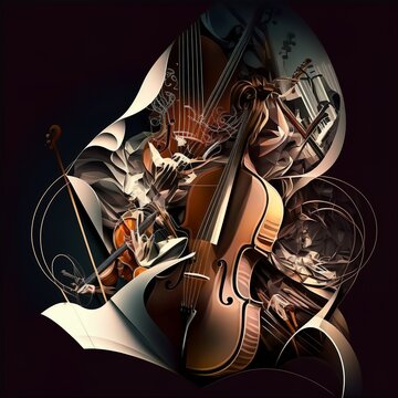 Orchestra,classical,cello,trumpet,fflute,guitar,conductor,symphonic Instruemntal Baroque Concert Hall Musicians Music Sound Bass Volume Vocal Technique Complex  Generative AI 