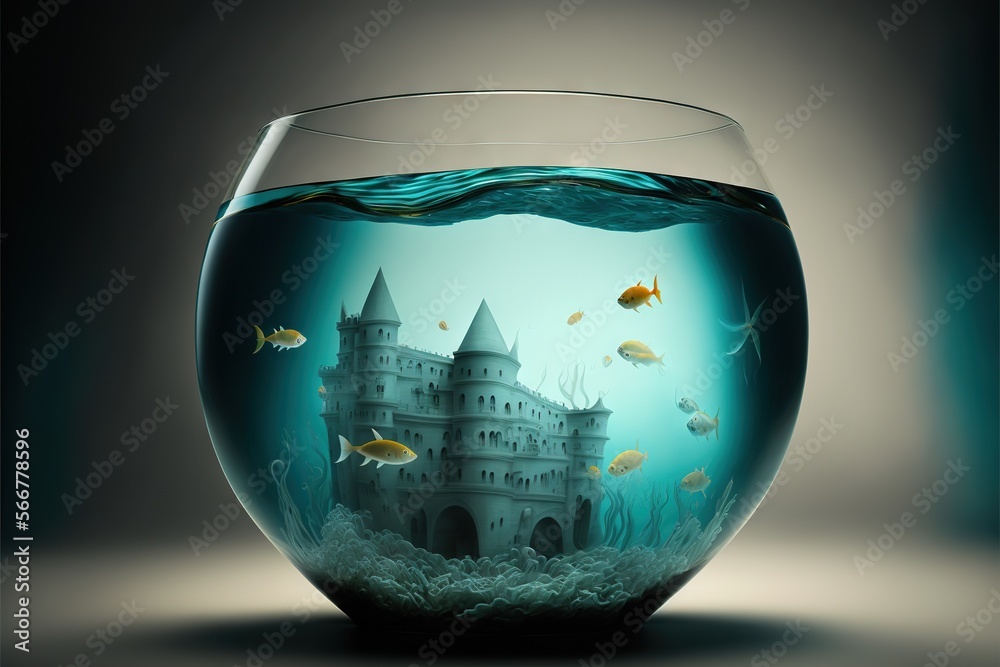 Wall mural a fish bowl with a castle in the middle of the water and goldfish swimming around the bottom of the 