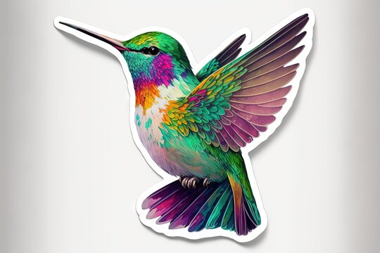  a sticker of a colorful hummingbird with wings spread and a beak extended, with a white background and a light gray background with a white border.  generative ai