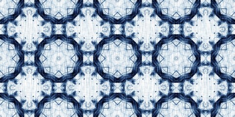 Indigo dye wash coastal damask seamless border pattern. Washed out geometric dip dyed blur effect edging. Nautical and marine ocean blue masculine endless tape background with linen texture trim.