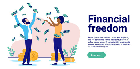 Financial freedom - Couple making money and celebrating with hands in air over income and success in finance. Flat design vector illustration with white background and copy space for text