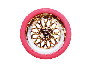 Pink bicycle  rusty wheel in the snow on a white background
