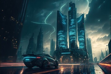  a futuristic city with a futuristic car in the foreground and lightning in the sky in the background, and a futuristic city with a futuristic car in the foreground.  generative ai