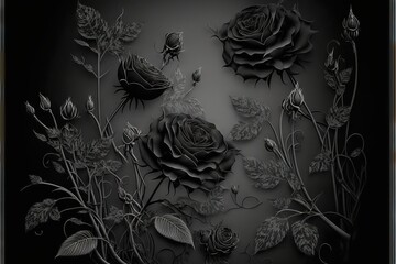  a black and white photo of roses and leaves on a black background with a white border around the edges of the image is a black background.  generative ai