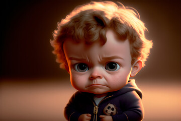 Cute sad boy cartoon portrait. AI generated. Selective Focus
