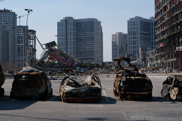 Russian missile destroyed cars and shopping center Retroville in Kyiv, Ukraine