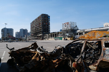 Russian missile destroyed cars and shopping center Retroville in Kyiv, Ukraine