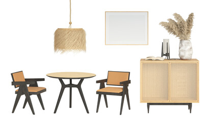 A set of isolated dining room furniture 1. Black wooden chairs with orange seats, a round table, a straw pendant, a blank poster, spikelets on a wooden chest of drawers with rattan doors. 3d render