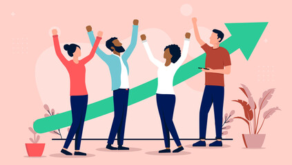 Successful team of people - Group of four diverse characters cheering and celebrating success in front of green arrow pointing upwards. Success and growth concept, flat design vector illustration