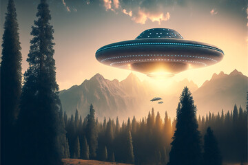 Naklejka na ściany i meble Alien extraterrestrial invasion, UFO landing, Generative ai