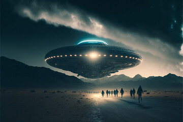 Fototapeta na wymiar Alien extraterrestrial invasion, UFO landing, Generative ai