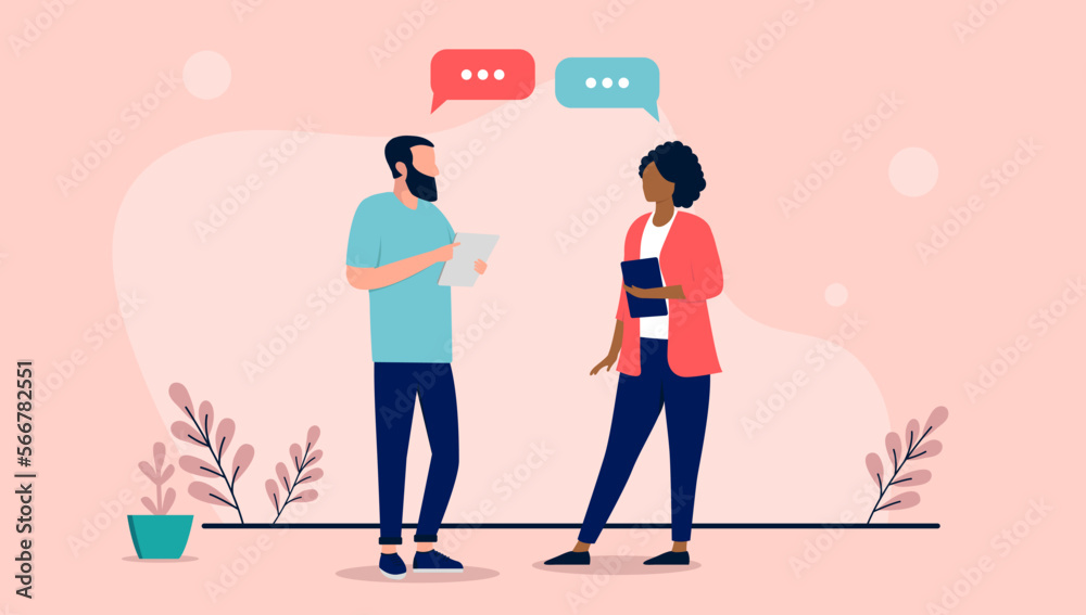 Poster two people talking - conversation between businesspeople standing with speech bubbles in air. flat d