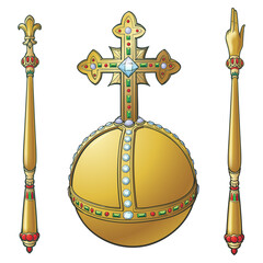 Sceptre and globus cruciger also known as orb. Sign of royal authority. Line drawing coloured and shaded isolated on white background. EPS10 Vector illustration