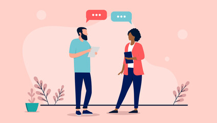 Two people talking - Conversation between businesspeople standing with speech bubbles in air. Flat design vector illustration - obrazy, fototapety, plakaty