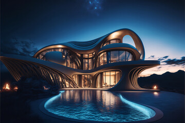 organic architecture villa exterior with infinity pool. designed using generative ai