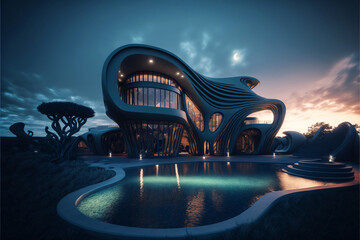 organic architecture villa exterior with infinity pool. designed using generative ai