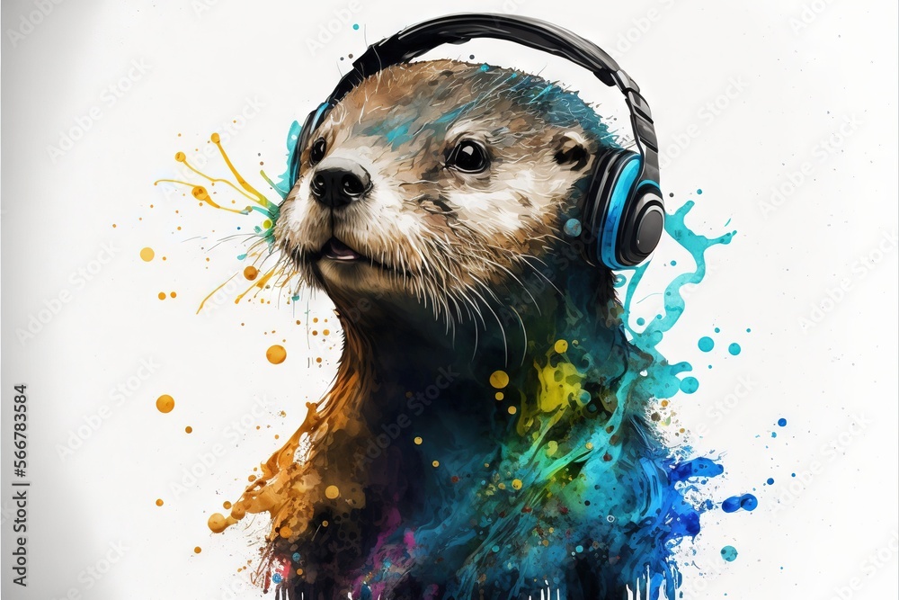 Canvas Prints an otter wearing headphones with a splash of paint on it's face and headphones on its ears, in front