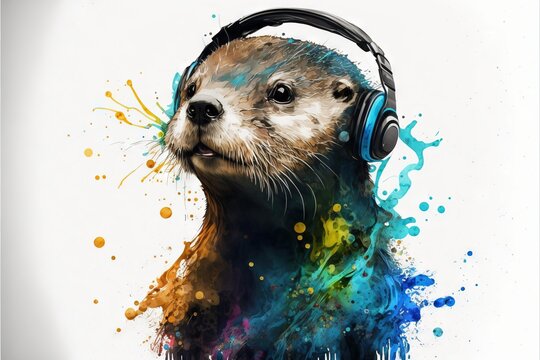  an otter wearing headphones with a splash of paint on it's face and headphones on its ears, in front of a white background.  generative ai