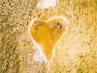 Obraz premium Top down view orange heart shape form on mud volcanoes site in chachuna nature reserve, VAshlovani national park, Georgia