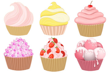 Drawn cupcakes with different creams and fillings isolated on white background.