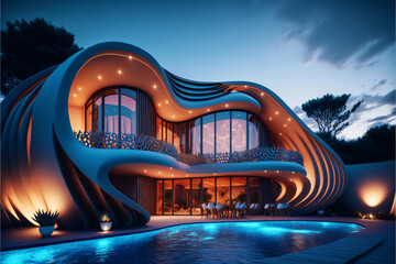 Modern design architectural villa exterior with infinity pool. Designed using generative ai. 