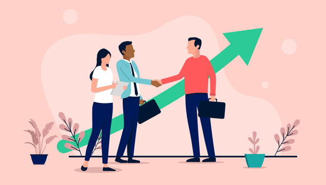 Great business deal - People shaking hands over successful business agreement in front of green arrow pointing up towards success and growth. Flat design vector illustration