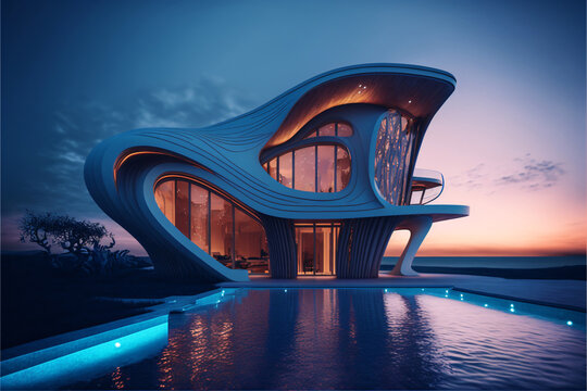 Modern design architectural villa exterior with infinity pool. Designed using generative ai. 