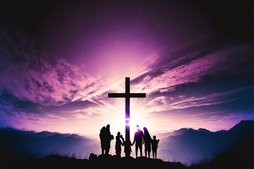 a group of people standing at the top of a hill with a cross in the sky above them and a purple and blue sky above them.  generative ai - obrazy, fototapety, plakaty