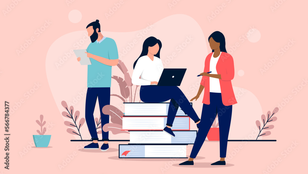 Aufkleber People working and concentrate in office - Team of three doing research, learning and getting insights for project and business. Flat design vector illustration