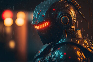 A robot in a protective suit on the background of a neon city. Generative AI	