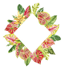 Watercolor hand drawn rainforest tropical leaves bouquet frame template. Botanical illustration card isolated on white background. Hand painted watercolor floral clip art