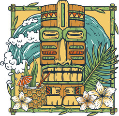 Tiki mask surfing hawaii print. Cocktail and wave for t-shirt design. Tropical surfbord or surf board and pineapple for tiki bar or beach bar © Casoalfonso