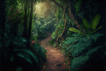  a path in the middle of a jungle with lots of trees and plants on either side of it and a light coming from the top of the trees.  generative ai
