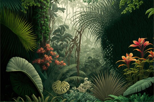 Fototapeta  a painting of a tropical jungle scene with flowers and plants in the foreground and a bird in the distance with a bird in the foreground.  generative ai